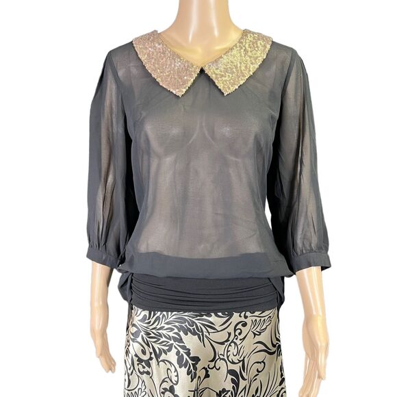 BKE Womens Blouse Top Sequin Collar Sheer Button Down Black Gold Small - Picture 3 of 11